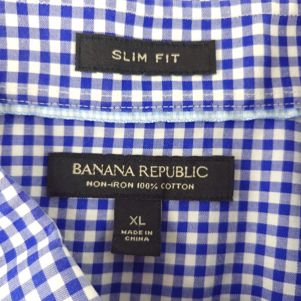 Banana Republic Dress Shirt Mens XL Blue Gingham Slim Fit Non Iron Cotton